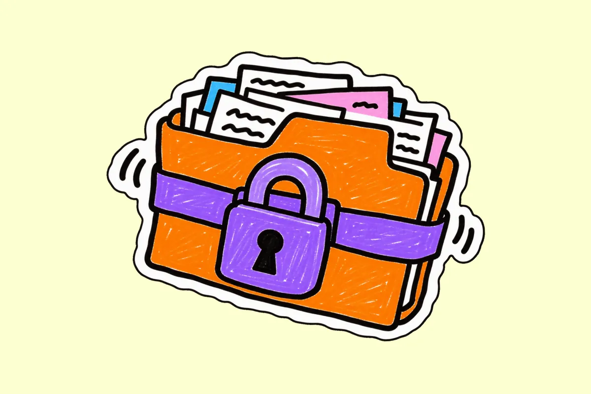 Un classeur orange rempli de feuilles, fermé par une sangle violette et un gros cadenas violet, qui sautille un peu sur place.