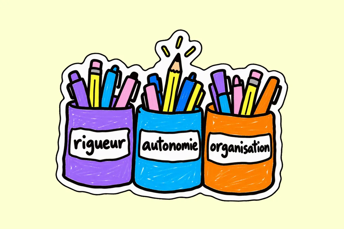 Trois pots à crayons violet, bleu et orange, étiquetés « rigueur », « autonomie » et « organisation », un crayon jaune qui jaillit du pot du milieu