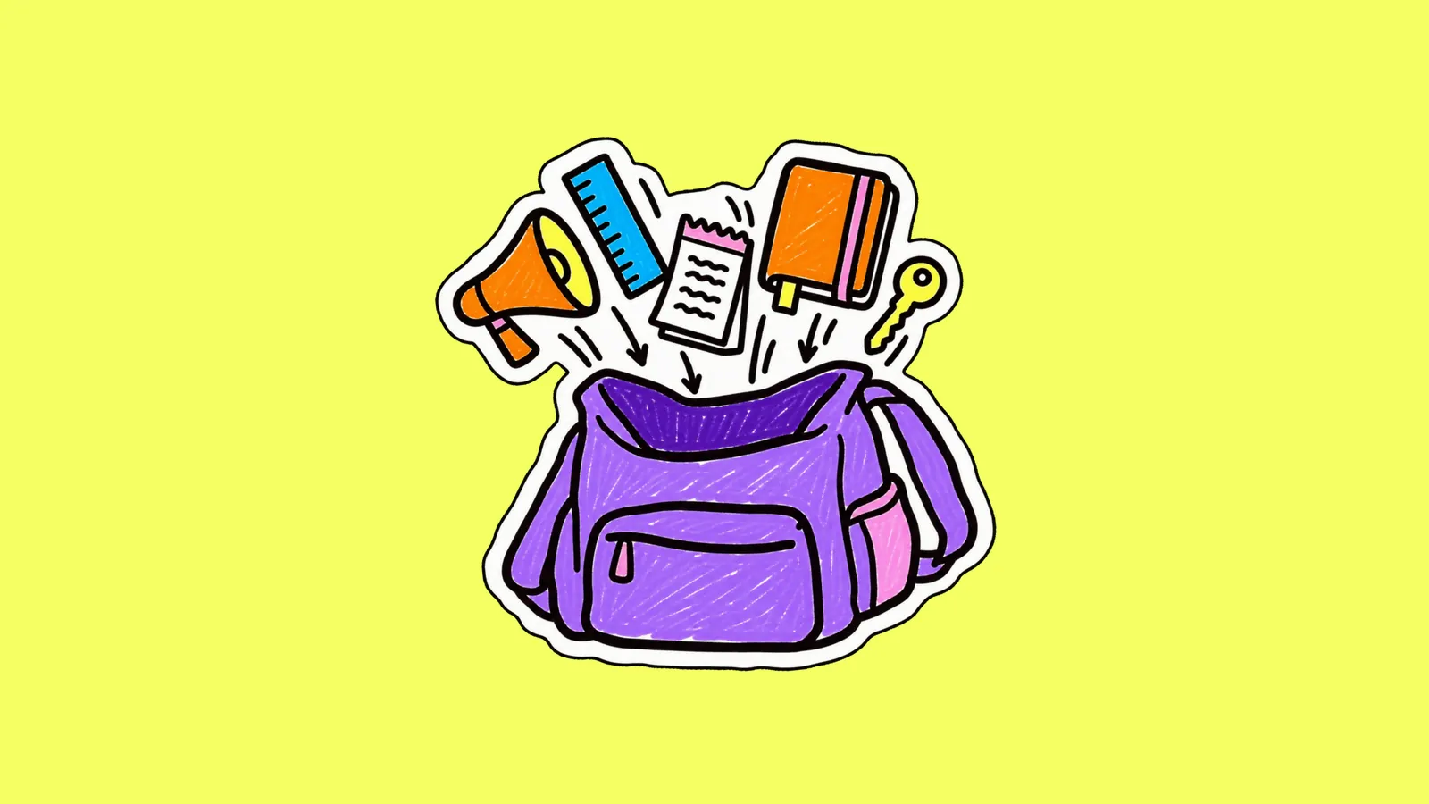 Sac à dos violet grand ouvert où tombent un mégaphone orange, une règle bleue, un bloc de reçus, un agenda orange et une clé jaune