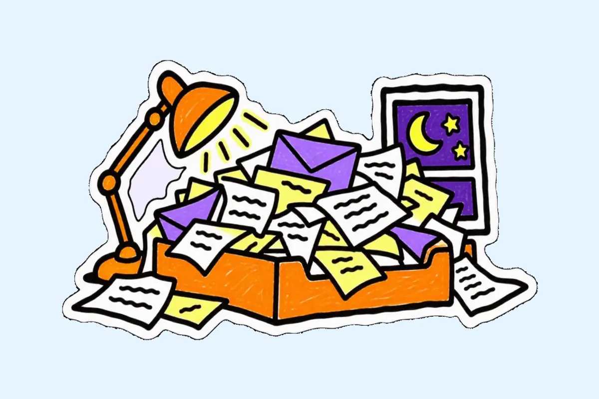 Une corbeille à courrier qui déborde de lettres et d'enveloppes sous une lampe de bureau allumée ; par la fenêtre, la lune et deux étoiles.