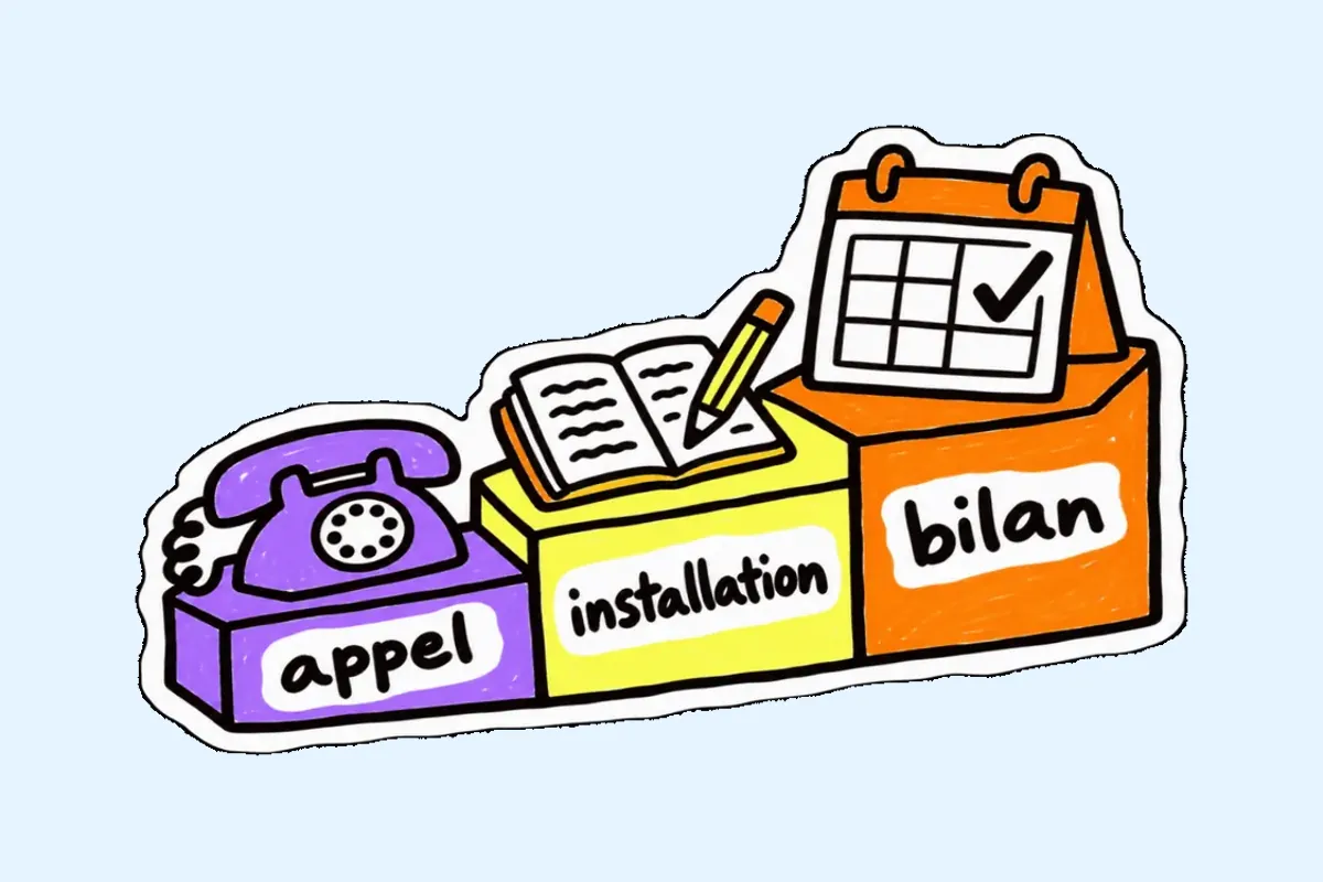 Trois marches violette, jaune et orange, étiquetées « appel », « installation » et « bilan », avec un téléphone, un cahier ouvert et un calendrier coché.