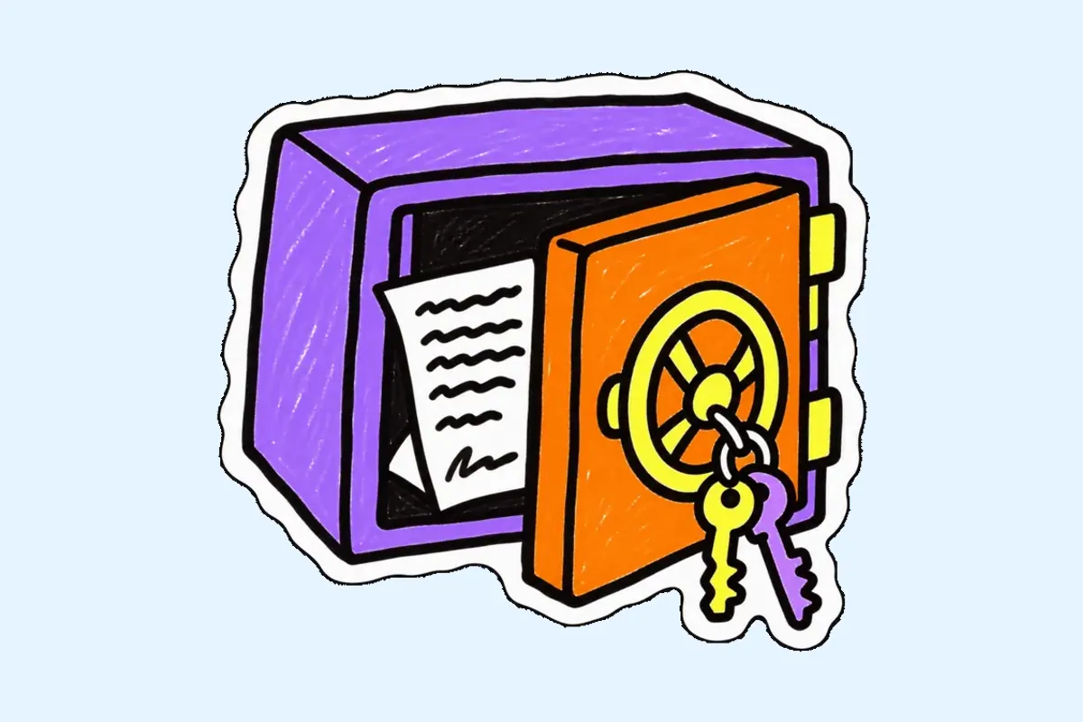 Un petit coffre-fort violet à la porte orange entrouverte, deux clés suspendues à sa poignée et une feuille signée rangée à l'intérieur.