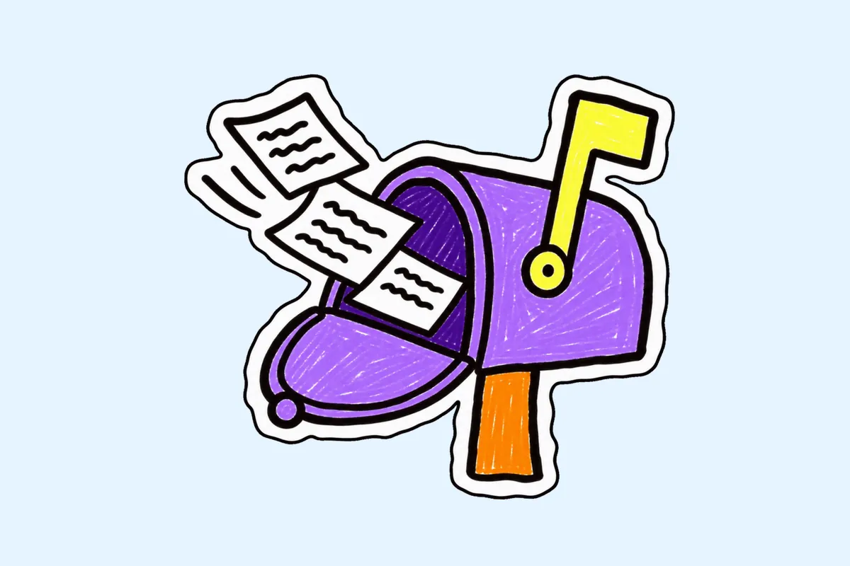 Boîte aux lettres violette sur un poteau orange, drapeau jaune levé, qui reçoit plusieurs feuilles blanches par sa porte ouverte