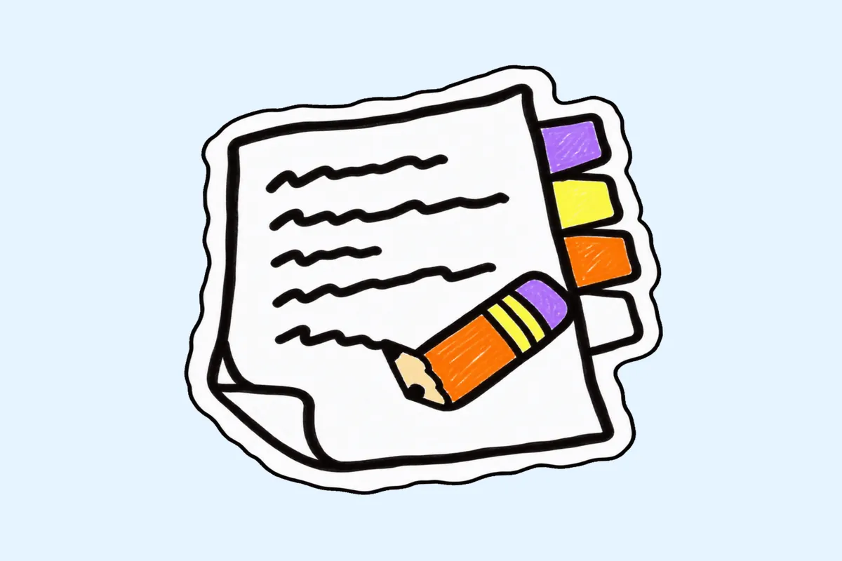Feuille de facture blanche au coin relevé, avec quatre onglets violet, jaune, orange et blanc sur le bord et un crayon orange posé dessus