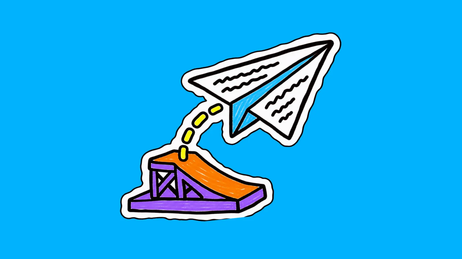 Avion en papier blanc aux plis bleus qui décolle d'une rampe orange posée sur une plateforme violette, suivi d'un pointillé jaune