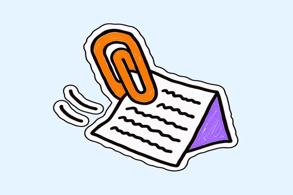 Grand trombone orange qui tient une feuille pliée et l'emporte vers l'avant, avec deux traits de mouvement, dessin façon autocollant