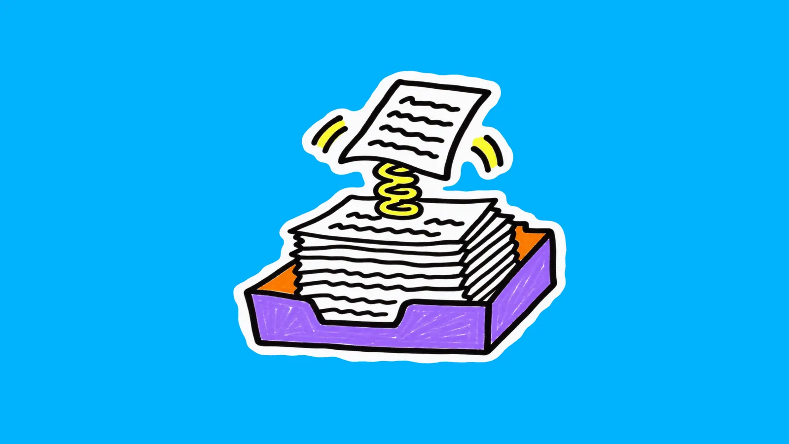 Bac à courrier violet rempli d'une pile de feuilles, dont une feuille jaillit en haut sur un ressort jaune, dessin façon autocollant