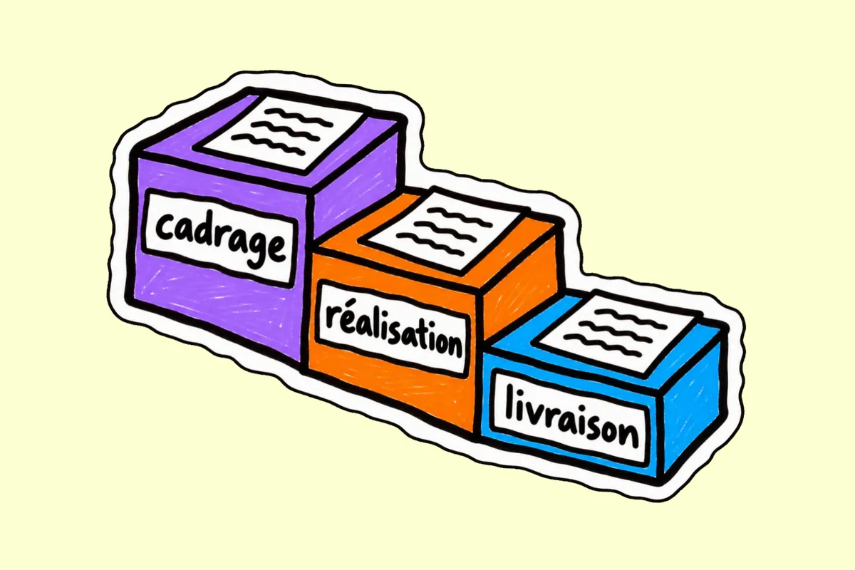 Trois marches violette, orange et bleue étiquetées « cadrage », « réalisation » et « livraison », une feuille posée sur chacune