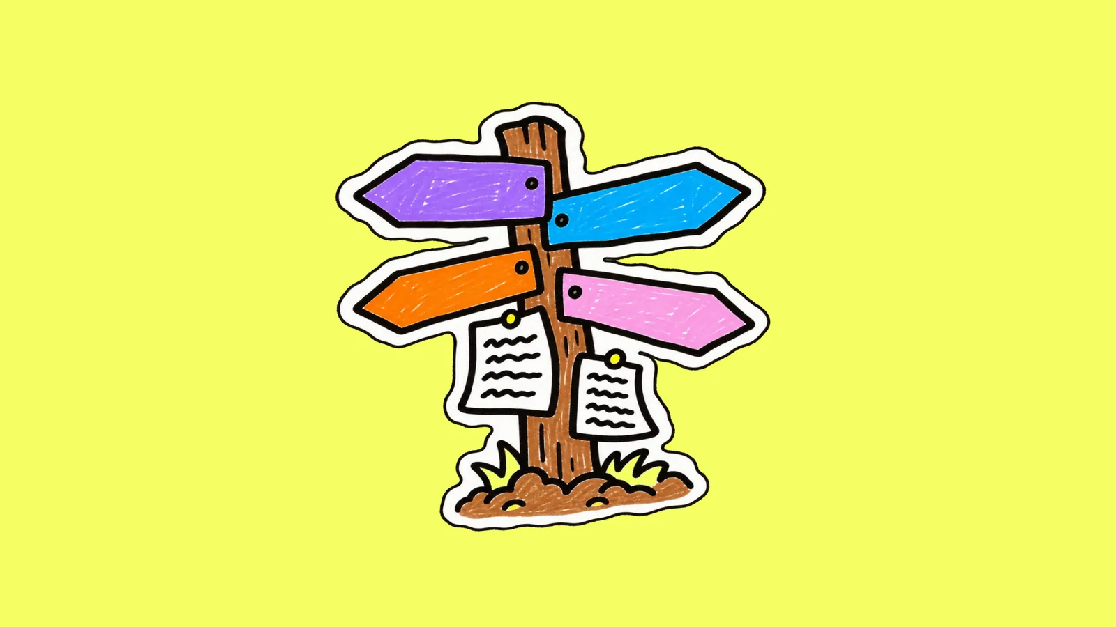 Poteau indicateur en bois avec quatre flèches violette, bleue, orange et rose, deux feuilles de notes punaisées dessus