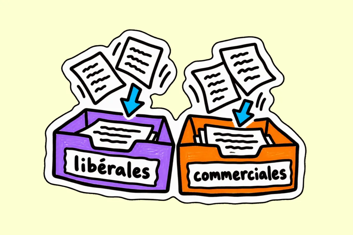 Deux bacs de bureau côte à côte, violet étiqueté « libérales » et orange étiqueté « commerciales », où tombent des feuilles