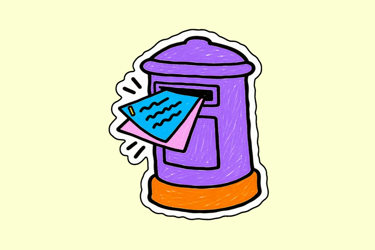 Boîte aux lettres violette à dôme sur un socle orange, qui avale par sa fente une feuille bleue et une feuille rose agrafées