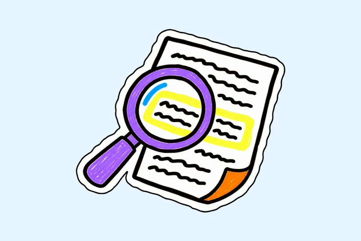 Loupe violette posée sur une feuille de contrat blanche, un paragraphe entouré de surligneur jaune, le coin de la feuille relevé en orange.