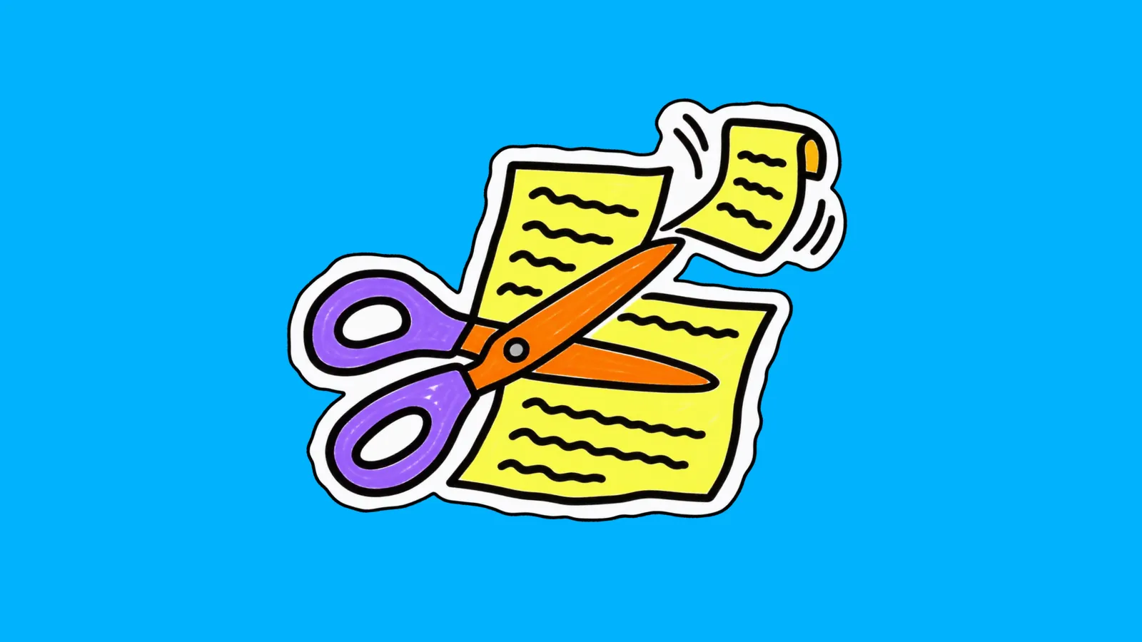 Ciseaux aux anneaux violets et aux lames orange qui coupent une longue feuille de contrat jaune, le bout coupé s'envole en s'enroulant.