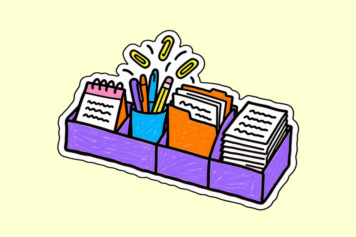 Range-tout violet à quatre cases dessiné au feutre : un agenda, un pot de crayons, un dossier orange et une pile de factures, des trombones qui sautent