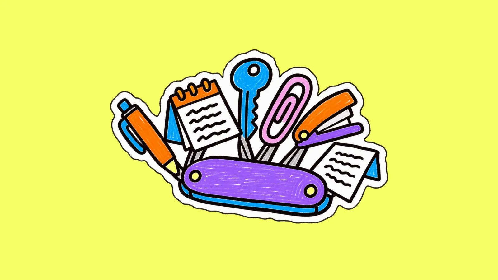 Couteau suisse violet dessiné au feutre, ouvert en éventail sur un stylo, un agenda, une clé, un trombone, une agrafeuse et une feuille
