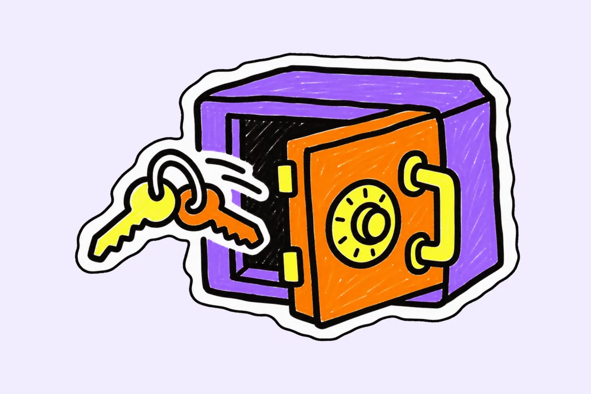 Un petit coffre-fort violet à porte orange, entrouvert, vers lequel volent deux clés jaune et orange réunies par un anneau.