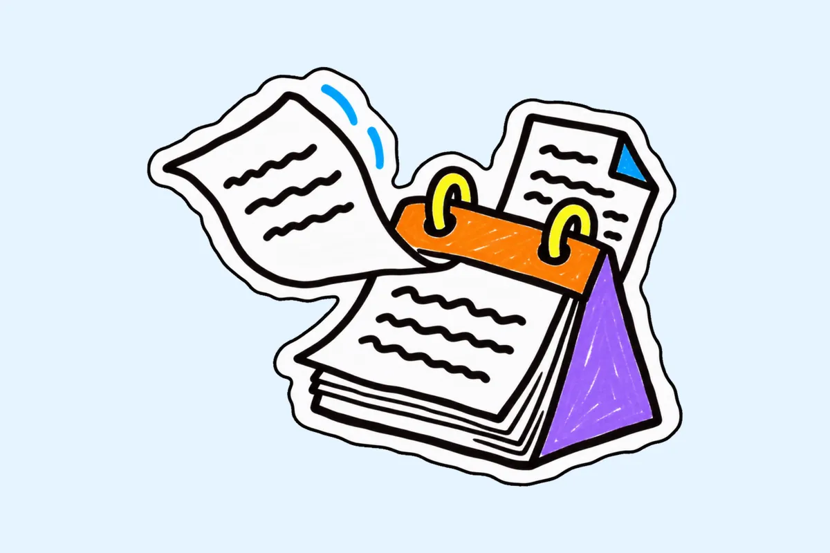 Calendrier de bureau violet et orange dont une page s'envole, une facture glissée derrière ses anneaux, au jour de l'échéance.
