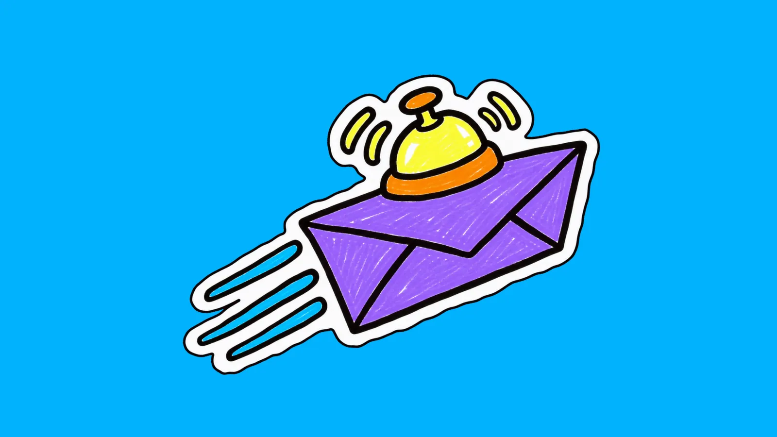 Enveloppe violette qui file vers la droite, une sonnette de bureau jaune posée dessus, comme un rappel cordial envoyé à l'échéance.