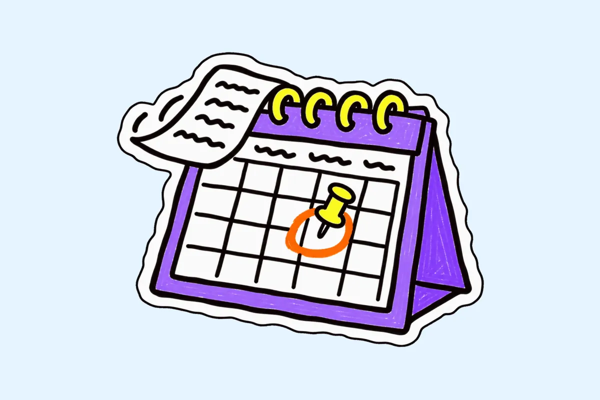 Calendrier de bureau violet à spirale jaune, une case entourée au feutre orange et marquée d'une punaise jaune.