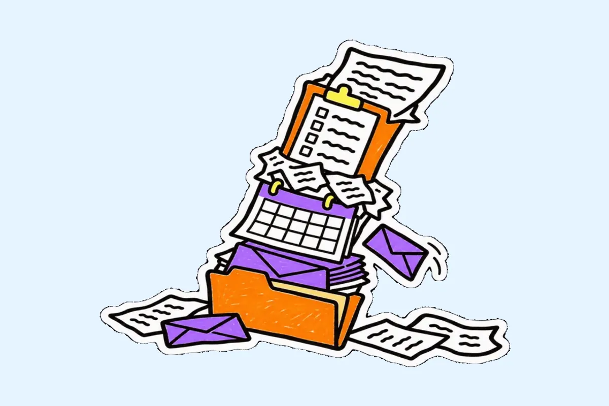 Une tour de papiers qui penche : dossier orange, enveloppes violettes, calendrier, reçus froissés et planchette à cocher ; des feuilles tombent au pied.