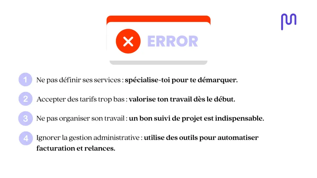 Infographie des 4 erreurs principales à éviter pour devenir assistante digitale : spécialisation, tarifs, organisation, gestion administrative