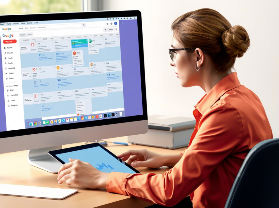 Assistante digitale travaillant sur Google Calendar depuis son bureau avec ordinateur iMac et tablette