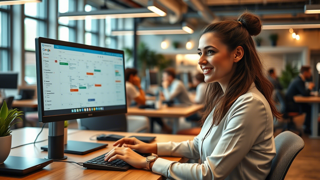 Assistante digitale souriante travaillant sur ordinateur portable dans un espace de coworking moderne