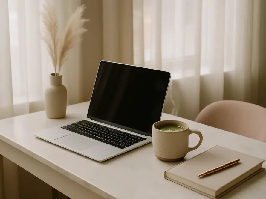 Espace de travail féminin et premium pour une assistante virtuelle, avec ordinateur portable, carnet et boisson chaude.