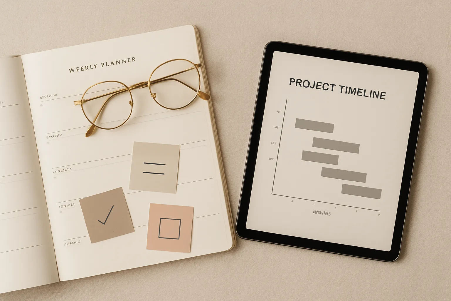 Flat lay d'outils de planification stratégique pour une assistante virtuelle : tablette, agenda, lunettes.