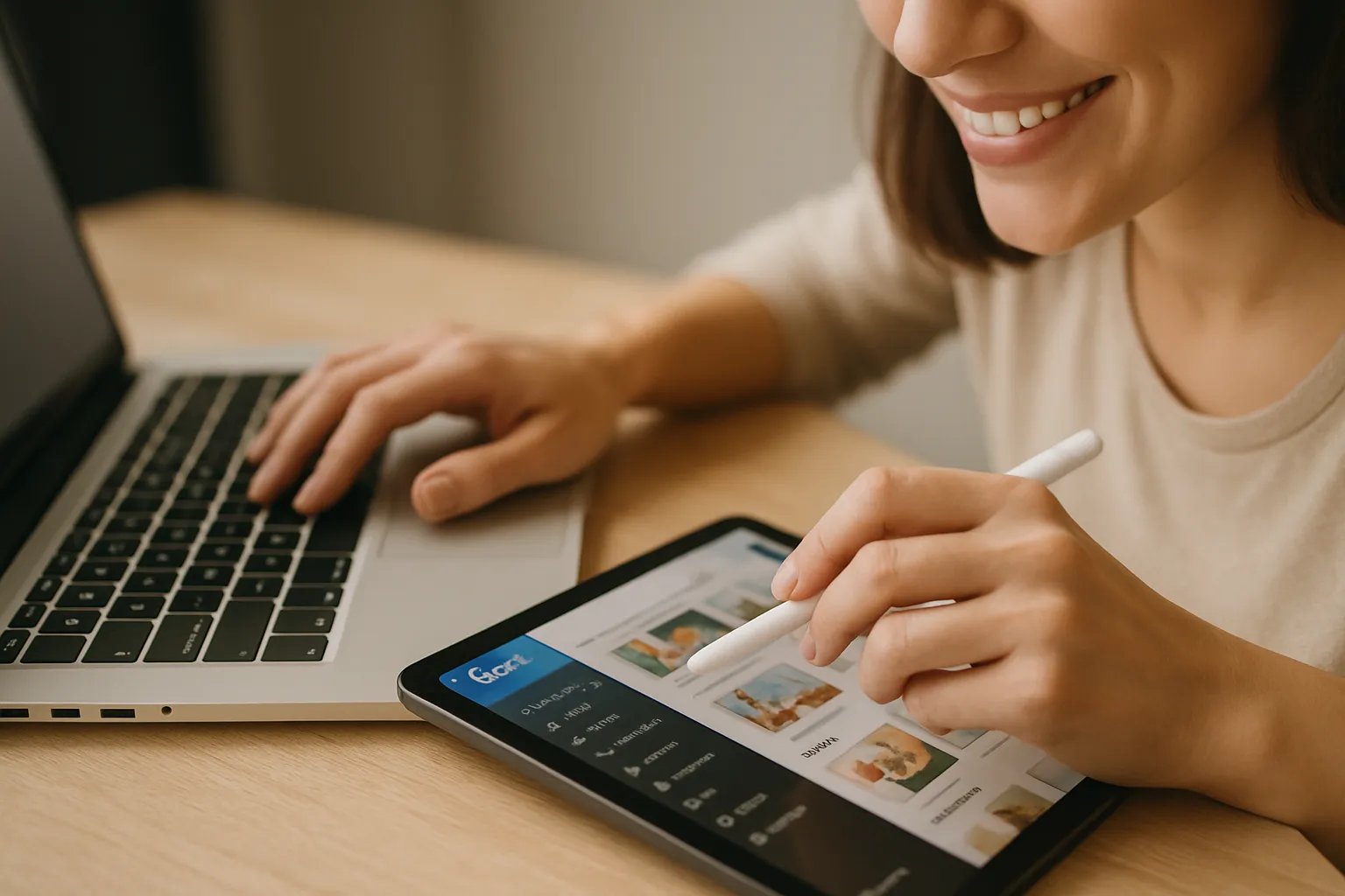 Mains d'une assistante virtuelle travaillant sur un ordinateur et une tablette, symbolisant les compétences techniques et humaines.