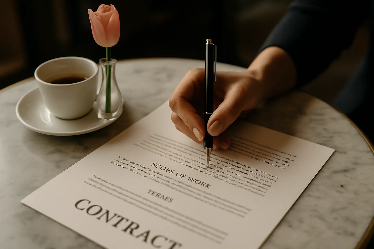 Main d'une assistante virtuelle signant un contrat client de manière professionnelle dans un café chic.