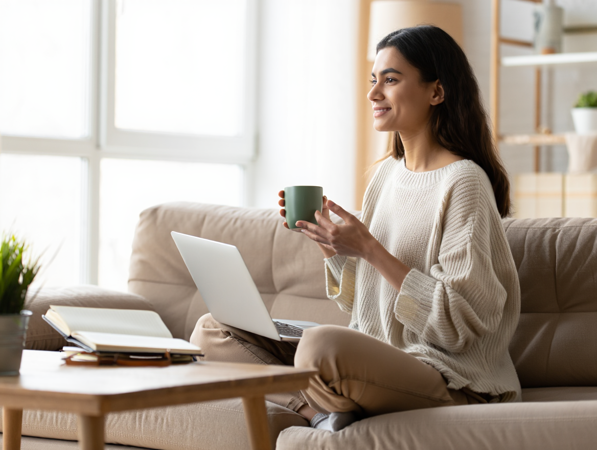 assistante administrative freelance réfléchissant aux avantages du télétravail dans un intérieur chaleureux et moderne