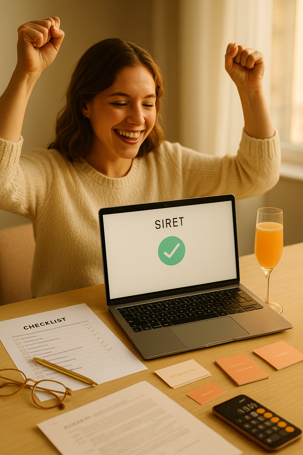 assistante administrative freelance célébrant la création de son entreprise après avoir complété toutes les démarches administratives