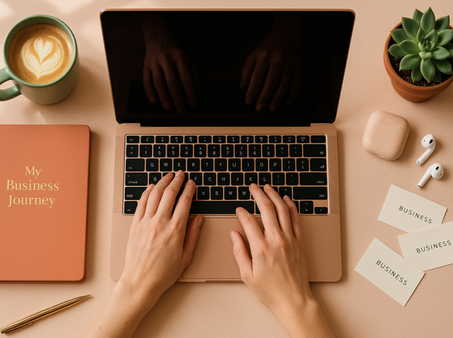 assistante administrative freelance travaillant sur son ordinateur dans un espace de travail moderne et élégant aux tons pêche et corail