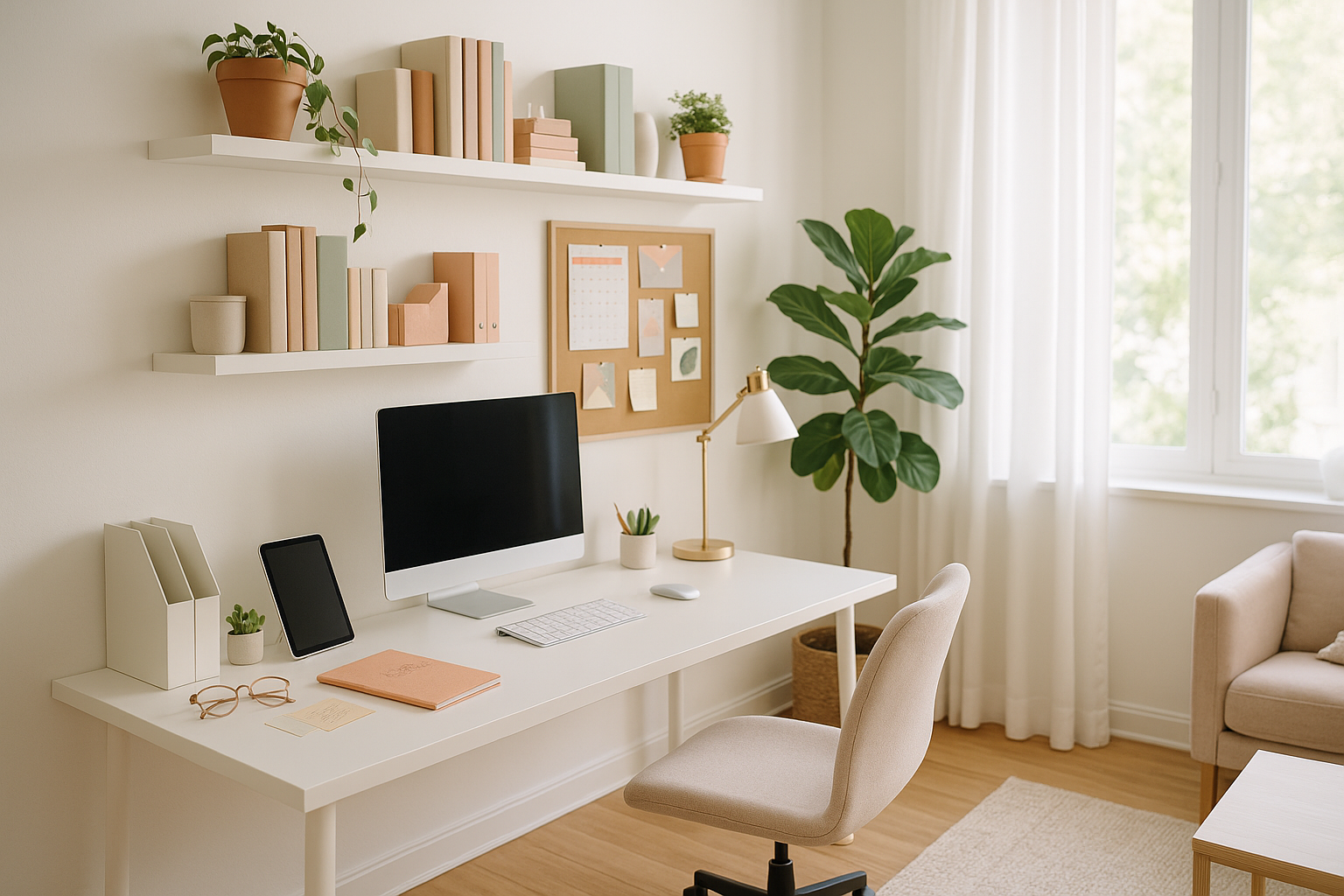 assistante administrative freelance dans son bureau à domicile organisé et lumineux pour un télétravail efficace