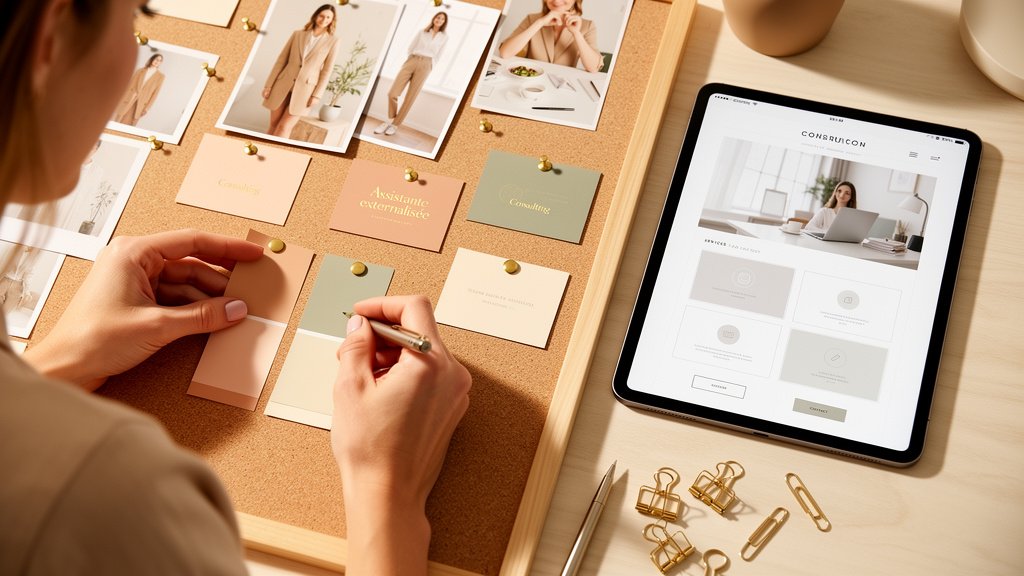 Une future assistante externalisée qui définit son offre et sa stratégie de branding sur un mood board.