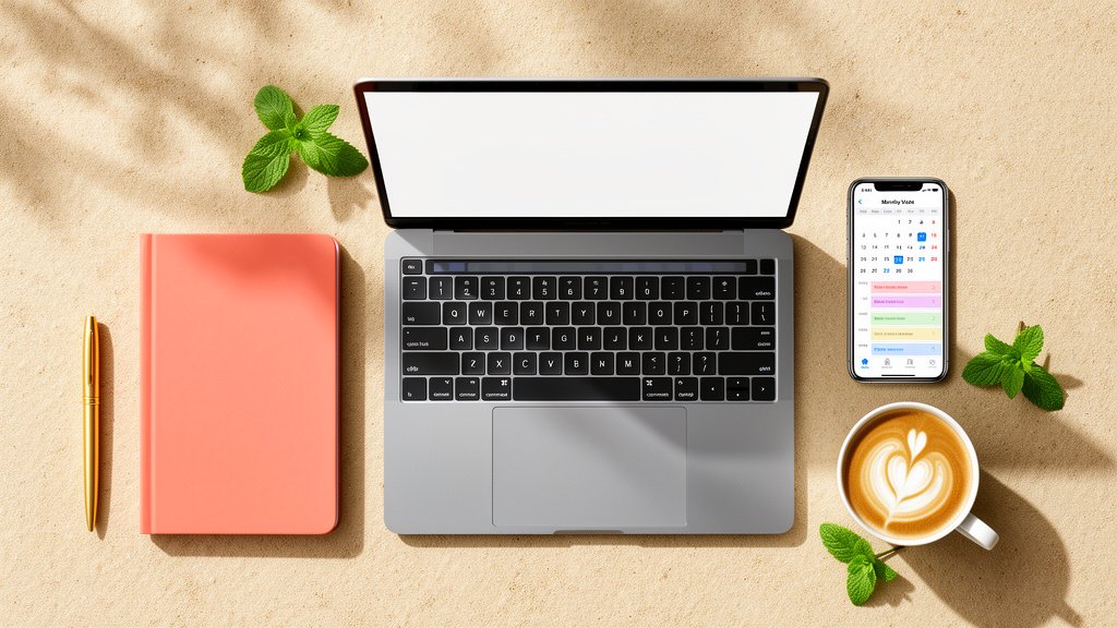 Outils de travail d'une assistante externalisée sur une table : ordinateur, smartphone et carnet, symbolisant la flexibilité.