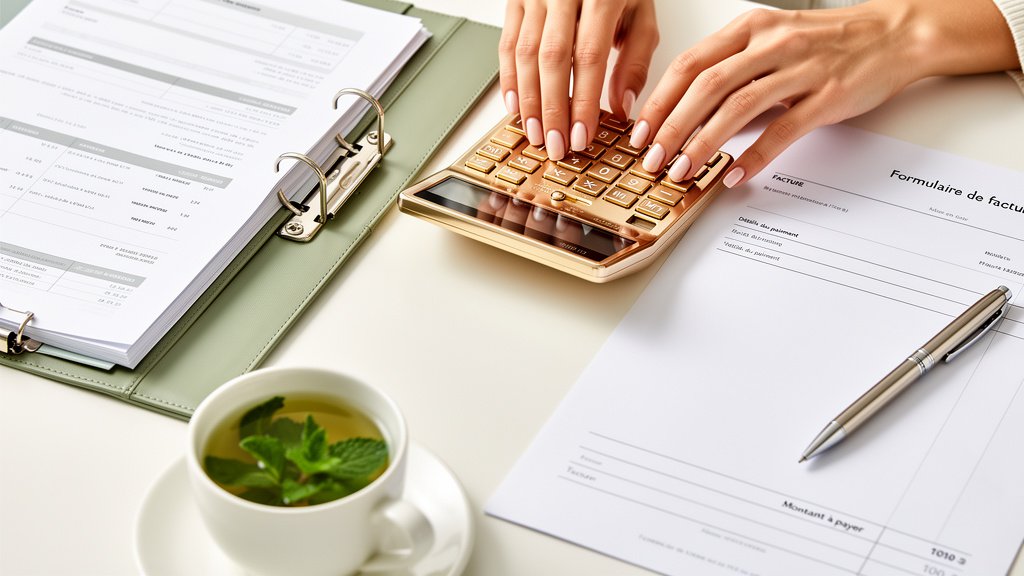 Gestion administrative et facturation pour une assistante externalisée indépendante, avec classeur et calculatrice.
