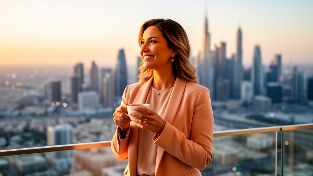 Une assistante externalisée à succès profitant de sa liberté et de sa réussite professionnelle sur son balcon.