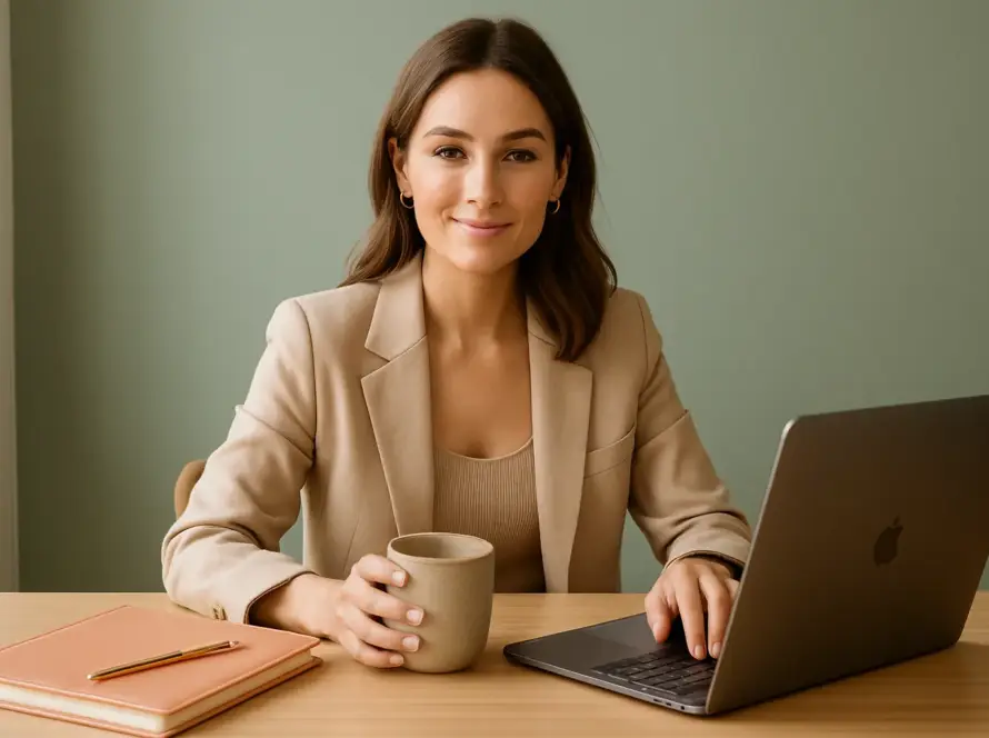 Une assistante virtuelle professionnelle dans son bureau à domicile design, illustrant une offre d'emploi pour assistante virtuelle de haut niveau.