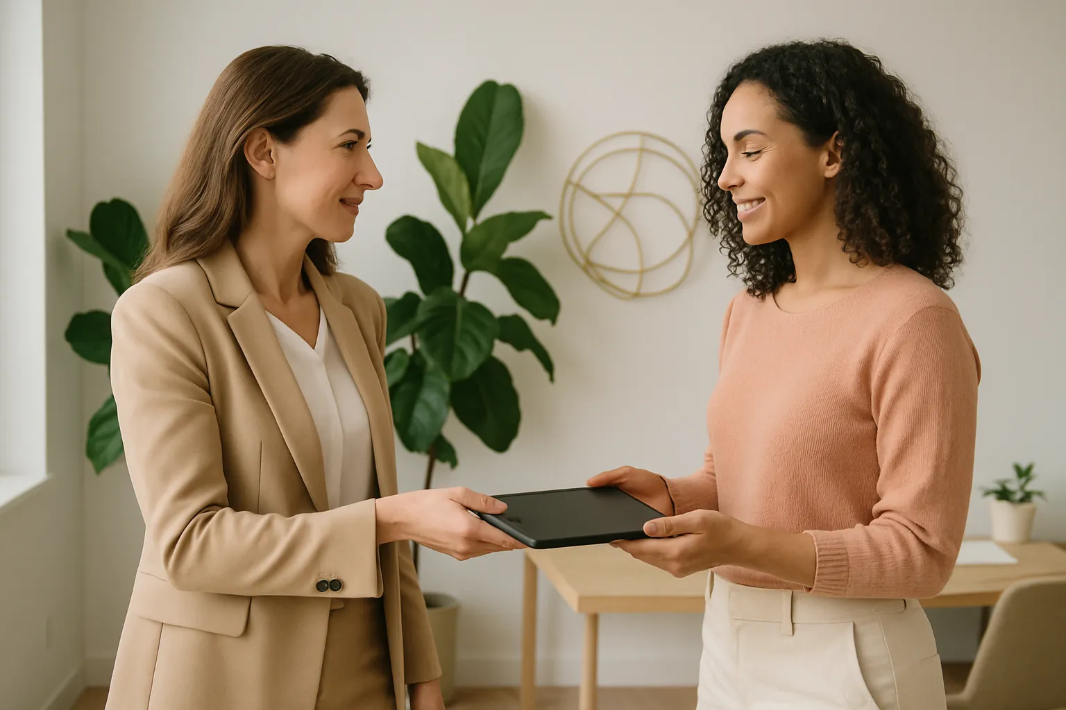 Conclusion d'un recrutement réussi via une offre d'emploi : une entrepreneure et son assistante virtuelle débutant un partenariat stratégique.