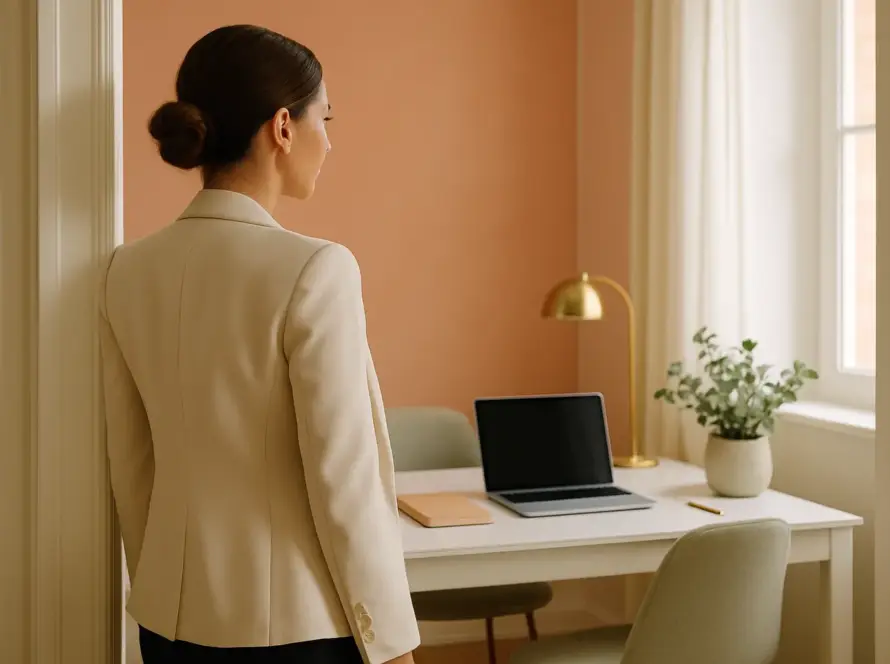 Une femme contemple son bureau à domicile élégant, symbole du succès après avoir choisi la bonne formation assistante virtuelle.