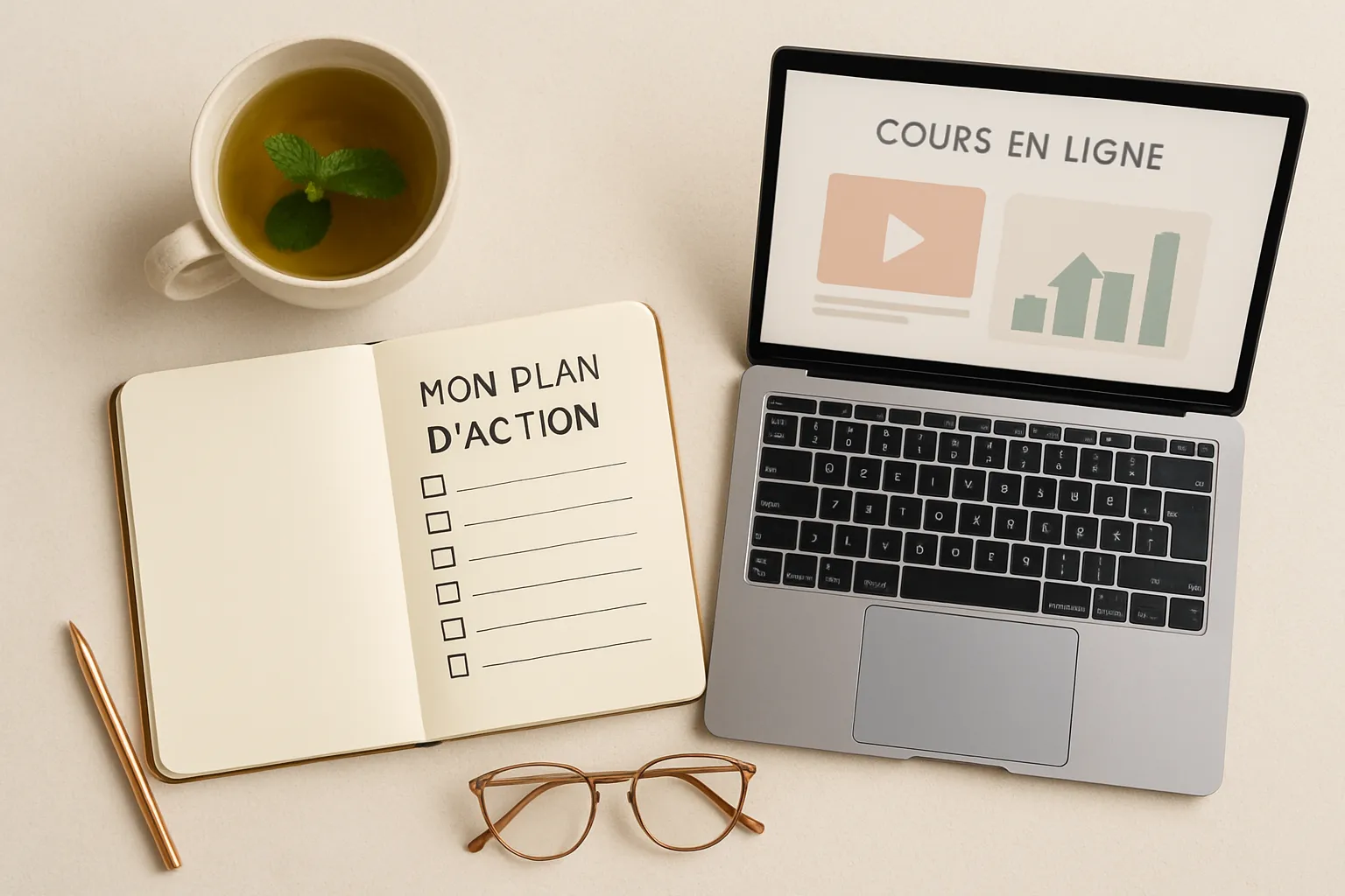 Flat lay montrant un plan d'action et un ordinateur, symbolisant la structure apportée par une formation assistante virtuelle.