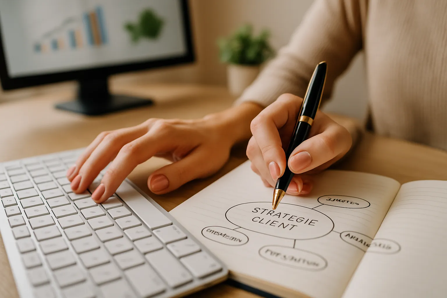 Mains d'une assistante virtuelle illustrant l'équilibre entre les compétences techniques (clavier) et stratégiques (carnet).