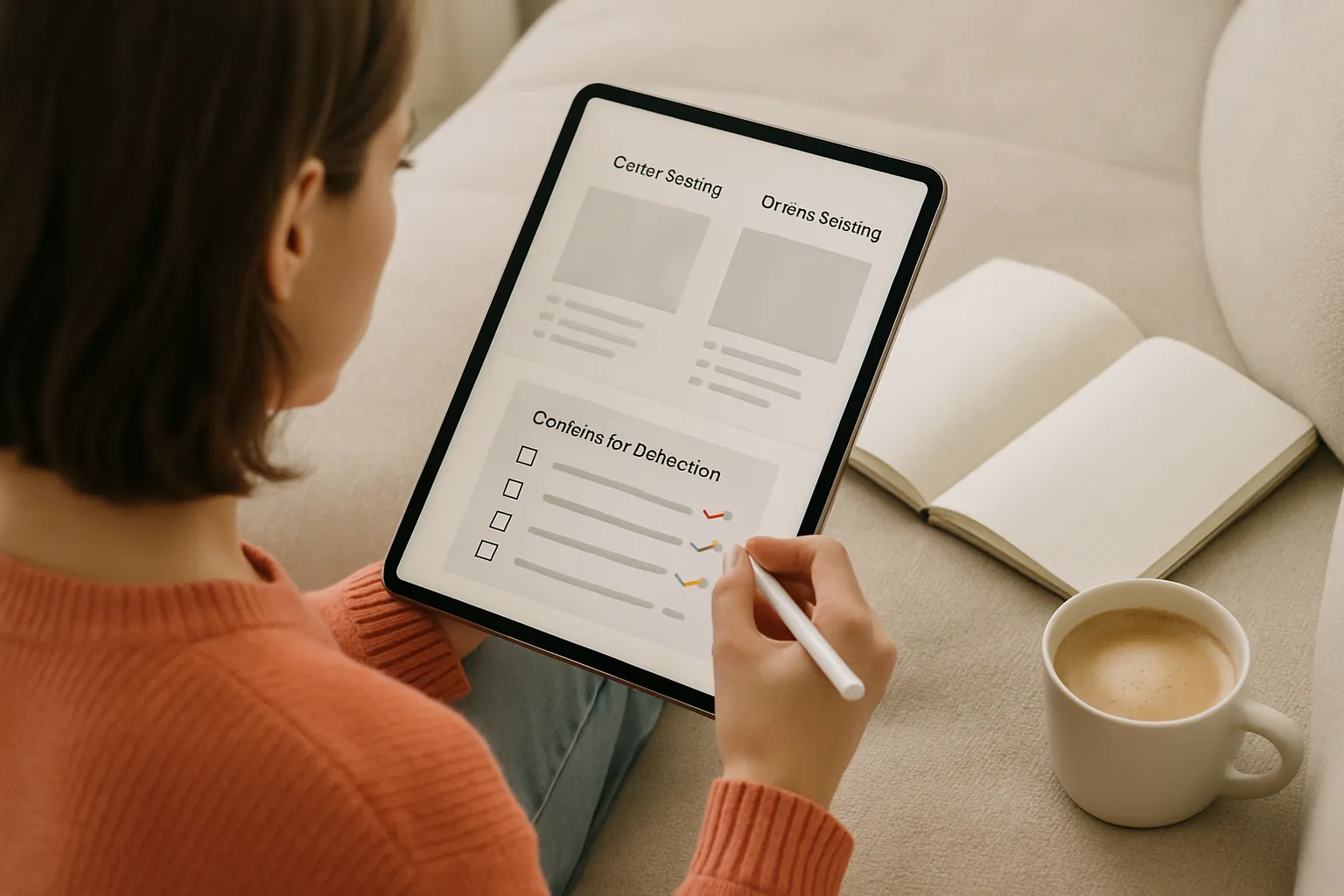Femme analysant sur une tablette des options de formation assistante virtuelle avec une checklist à l'écran.
