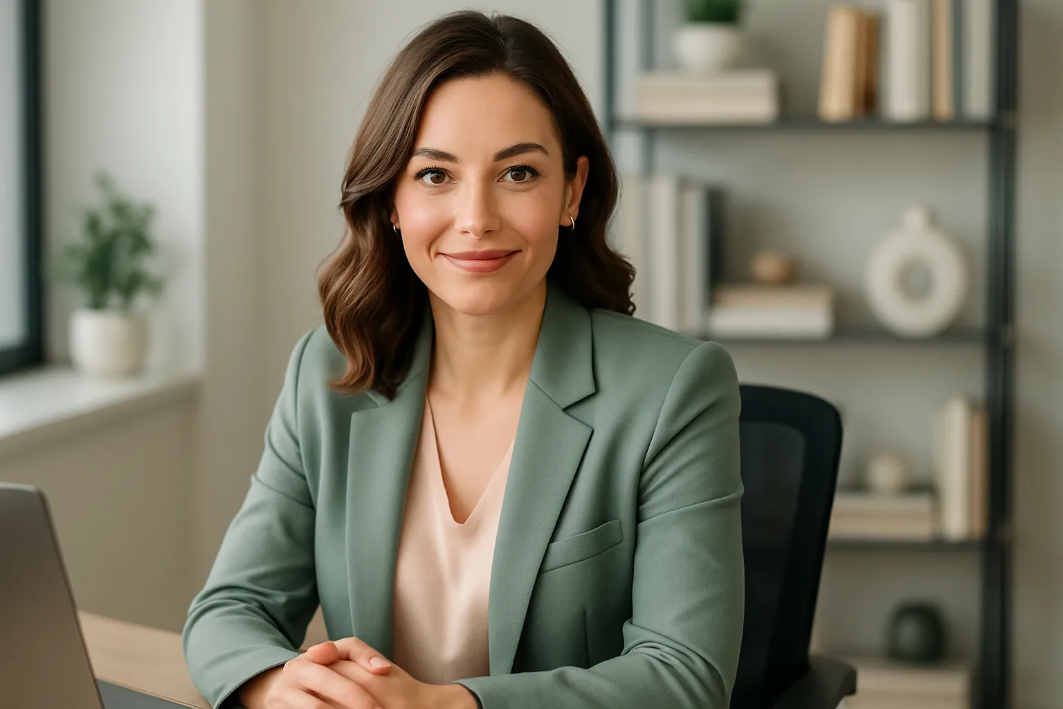 Portrait d'une assistante virtuelle experte et confiante, illustrant le succès obtenu par la spécialisation après sa formation.