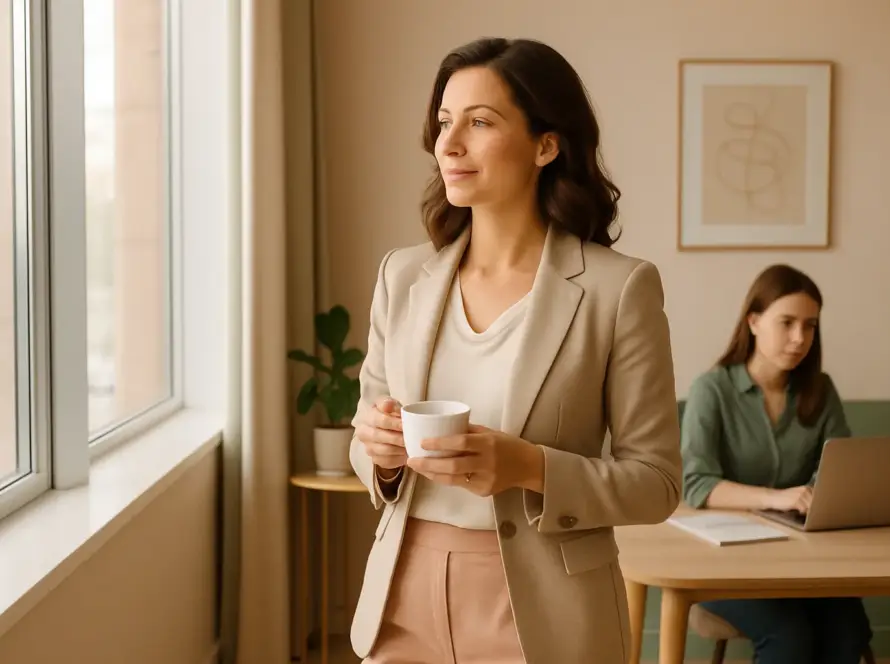 Une cheffe d'entreprise sereine regarde par la fenêtre de son bureau, illustrant comment déléguer à une assistante virtuelle libère du temps pour la vision stratégique.
