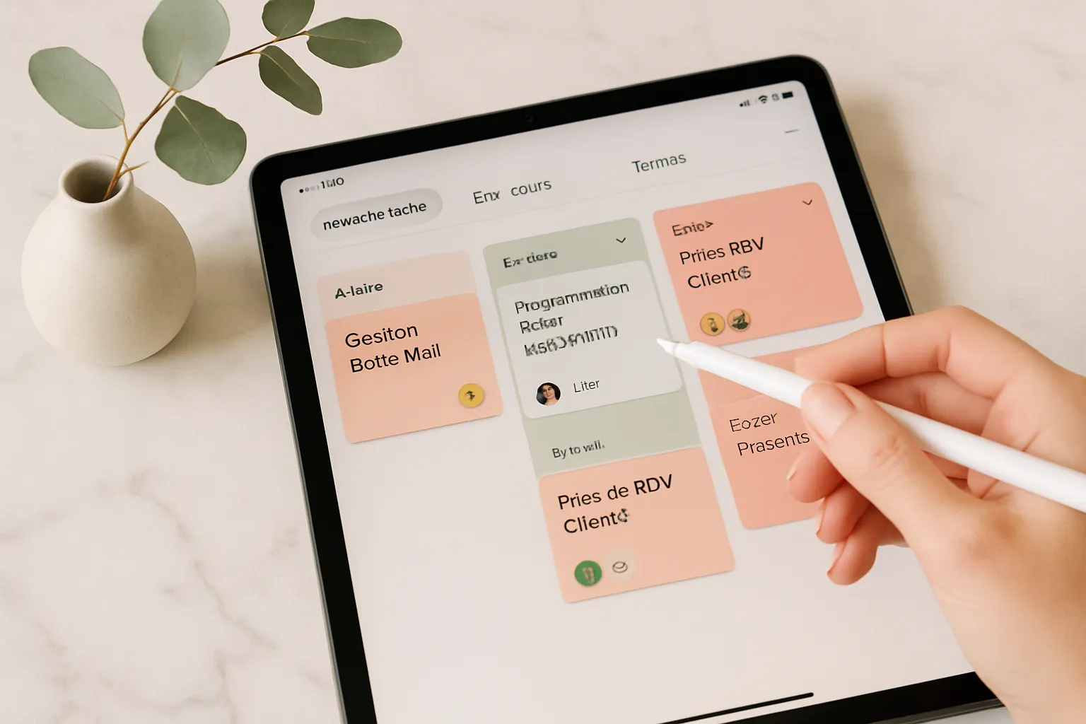 Liste de tâches sur une tablette représentant ce qu'on peut déléguer à une assistante virtuelle : admin, marketing, etc.
