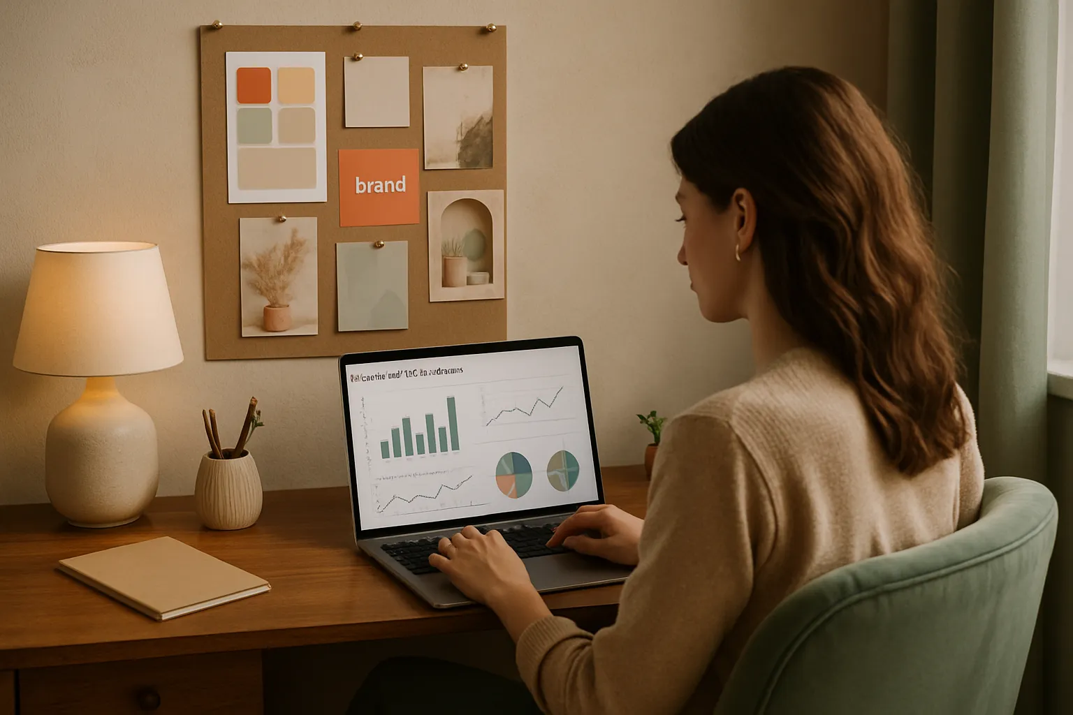 Une assistante virtuelle marketing digital analysant des données pour optimiser la stratégie d'une marque.