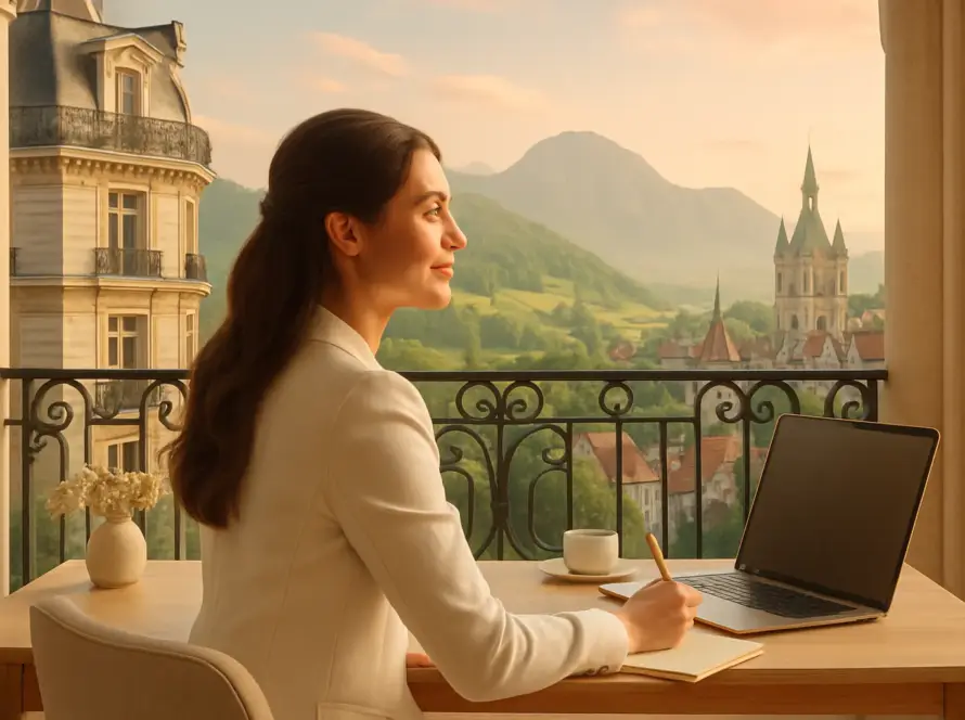Une assistante virtuelle francophone à son bureau chic et épuré, regardant une vue panoramique mêlant Paris, la Suisse et la Belgique, symbolisant l'expansion internationale.